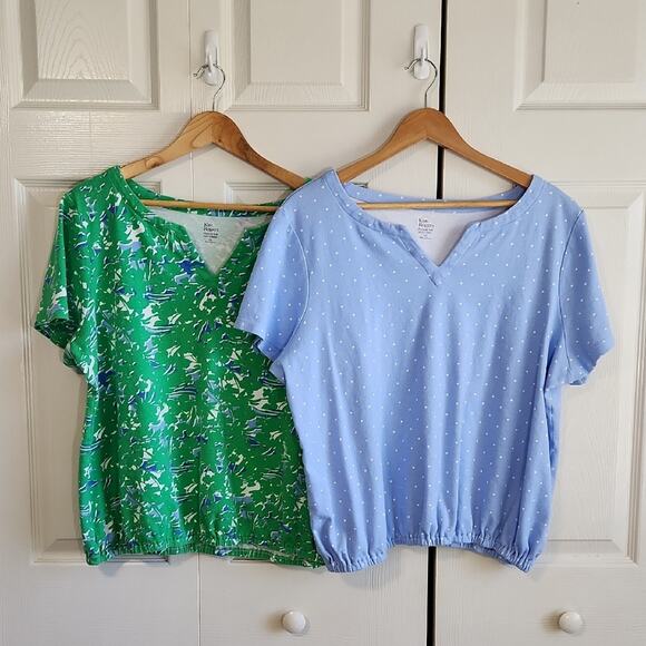 Kim Rogers Set Of 2 Tops Size 1X Blue White Polka-Dot Green Absract 100% Cotton - Picture 1 of 14